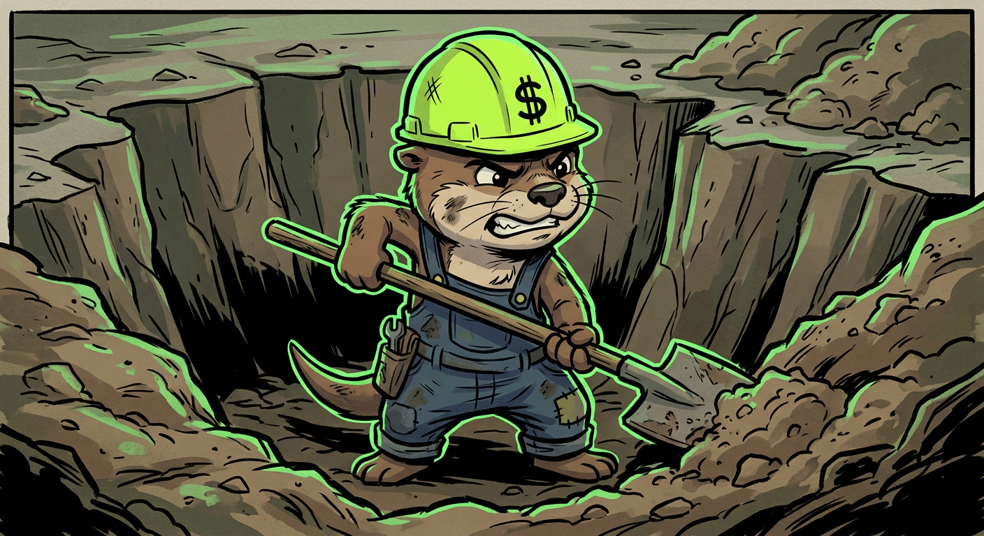 The Trencher mascot: a small underground worker in a construction helmet marked with a dollar sign, holding a shovel inside a crypto trench